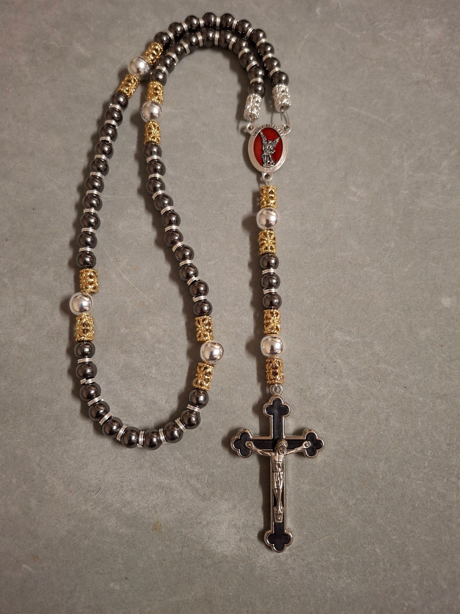 Black and Silver Rosary with St. Michael the Archangel Centerpiece