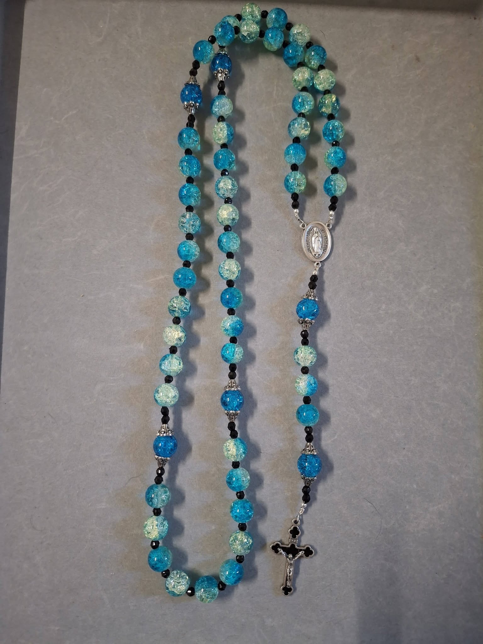 Blue Green Glass and Blue bead Rosary