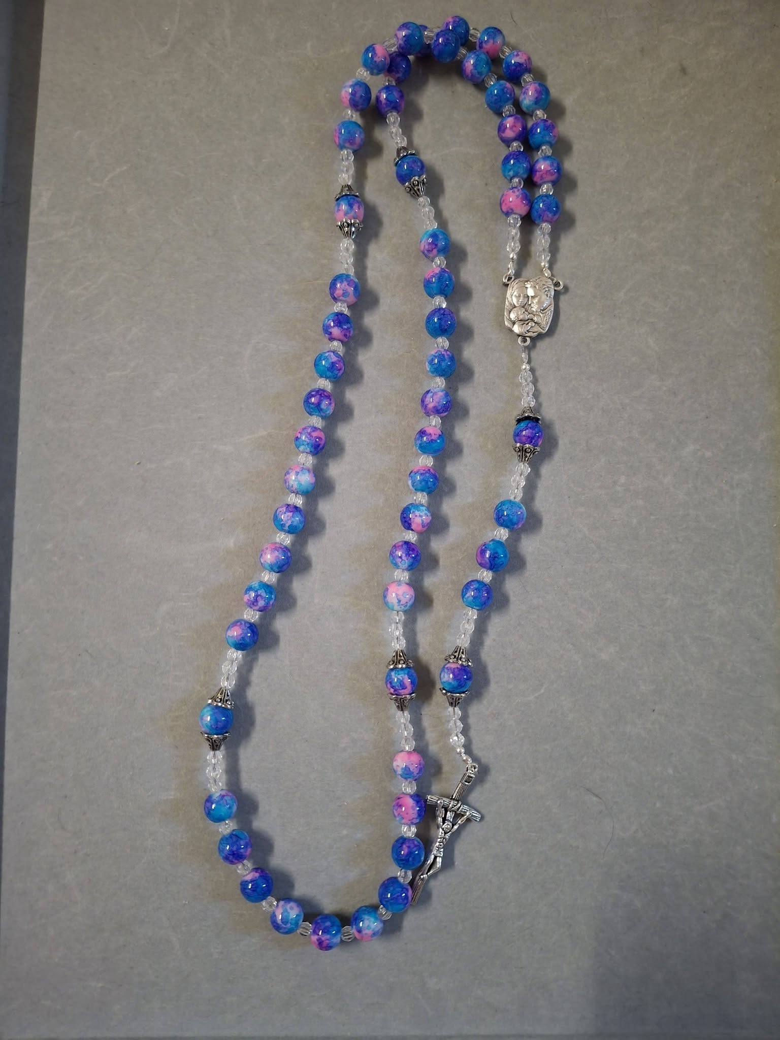Multicolored blue, pink and purple bead Rosary